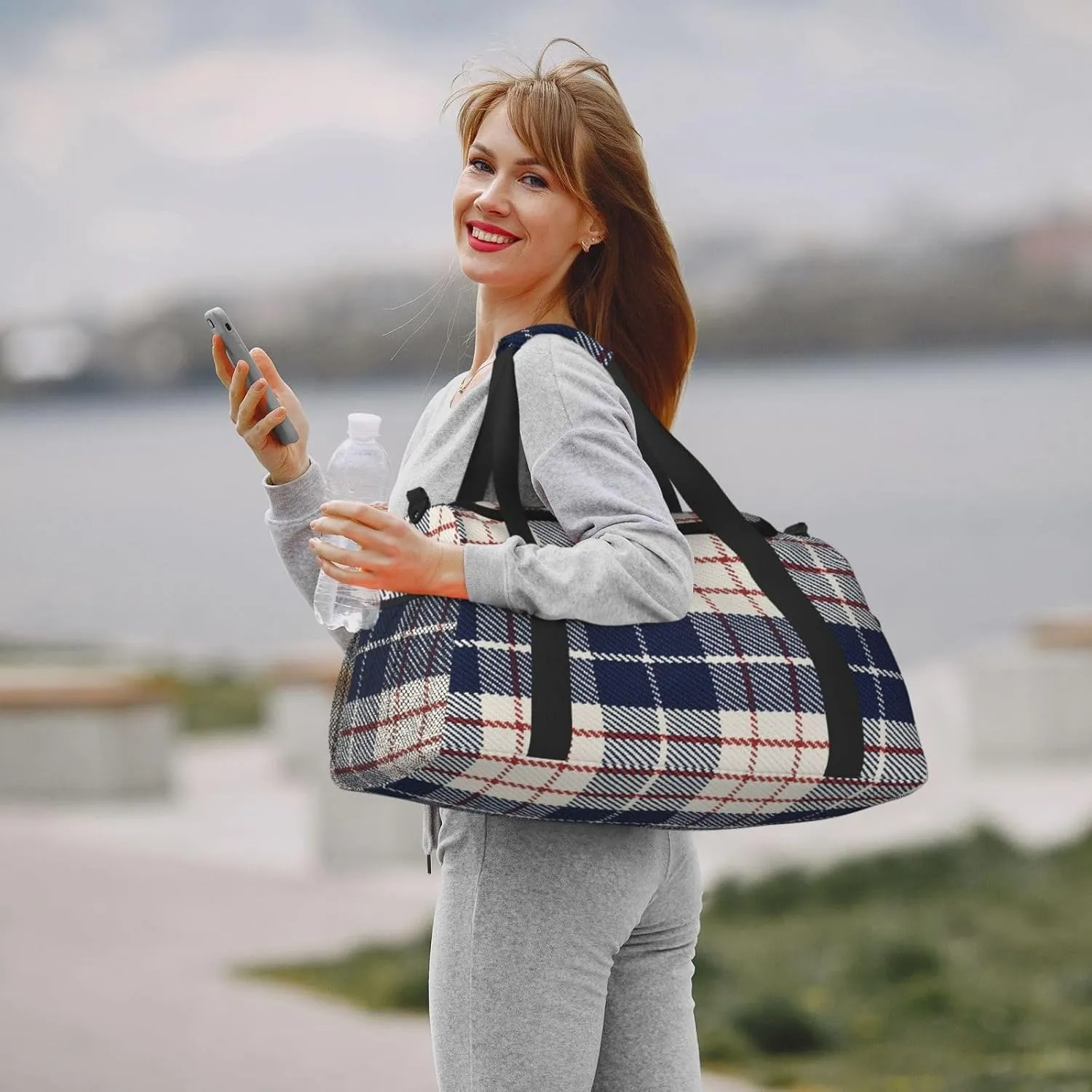Black White Grid Thin Line Travel Duffel Bag Large Foldable Waterproof Overnight Bag For Beach Swim Bags Pool Sports Gym