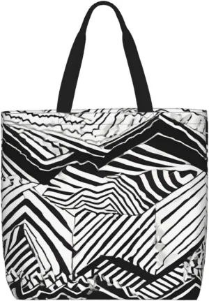 (Black White Tan Zigzag) Tote Bag For Women Large Reusable Shoulder Handbag Casual Shopping Travel Work Beach Grocery Bag