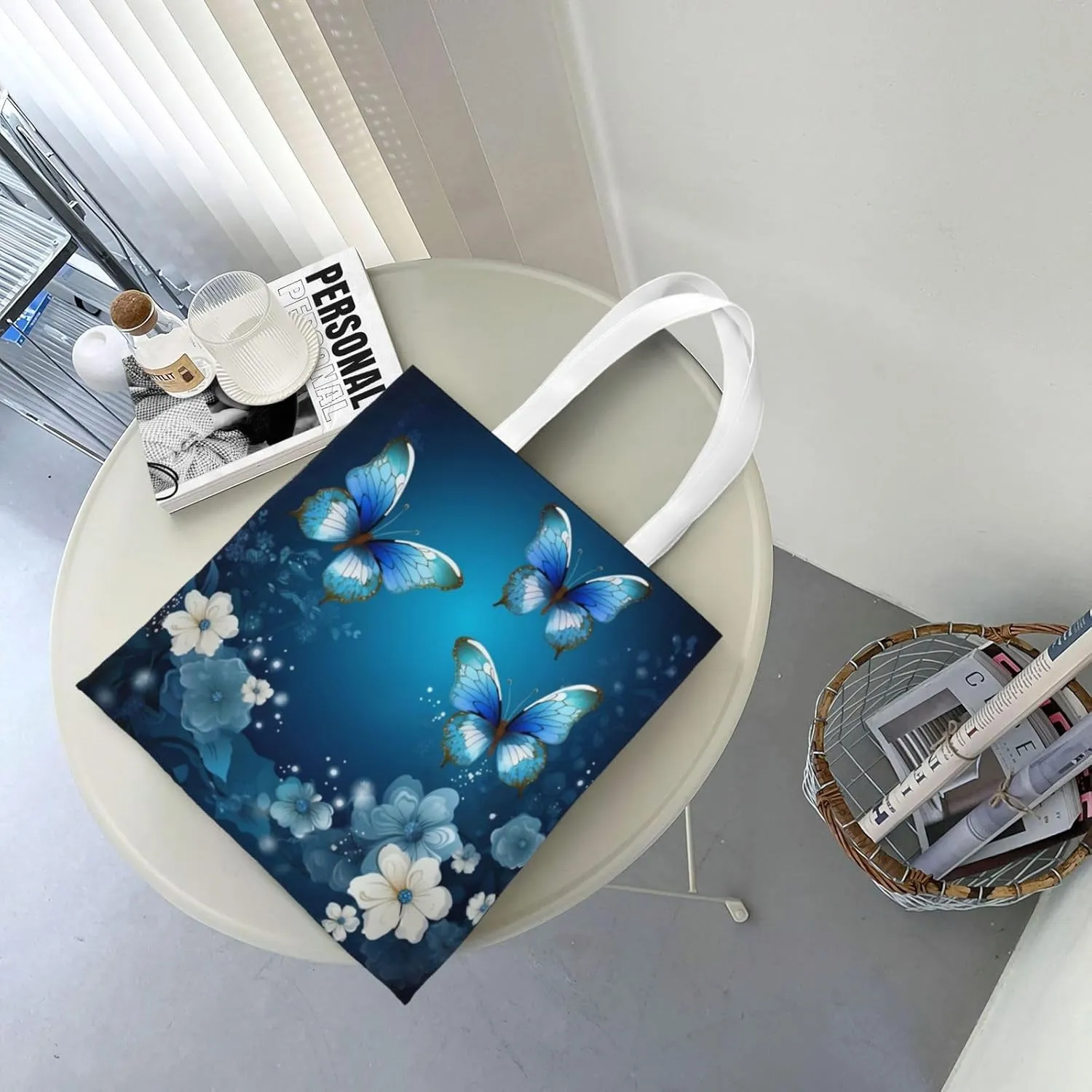 Blue Butterfly Tote Bag Reusable Shoulder Tote Bag For Women Lady Vacation, Shopping, Work