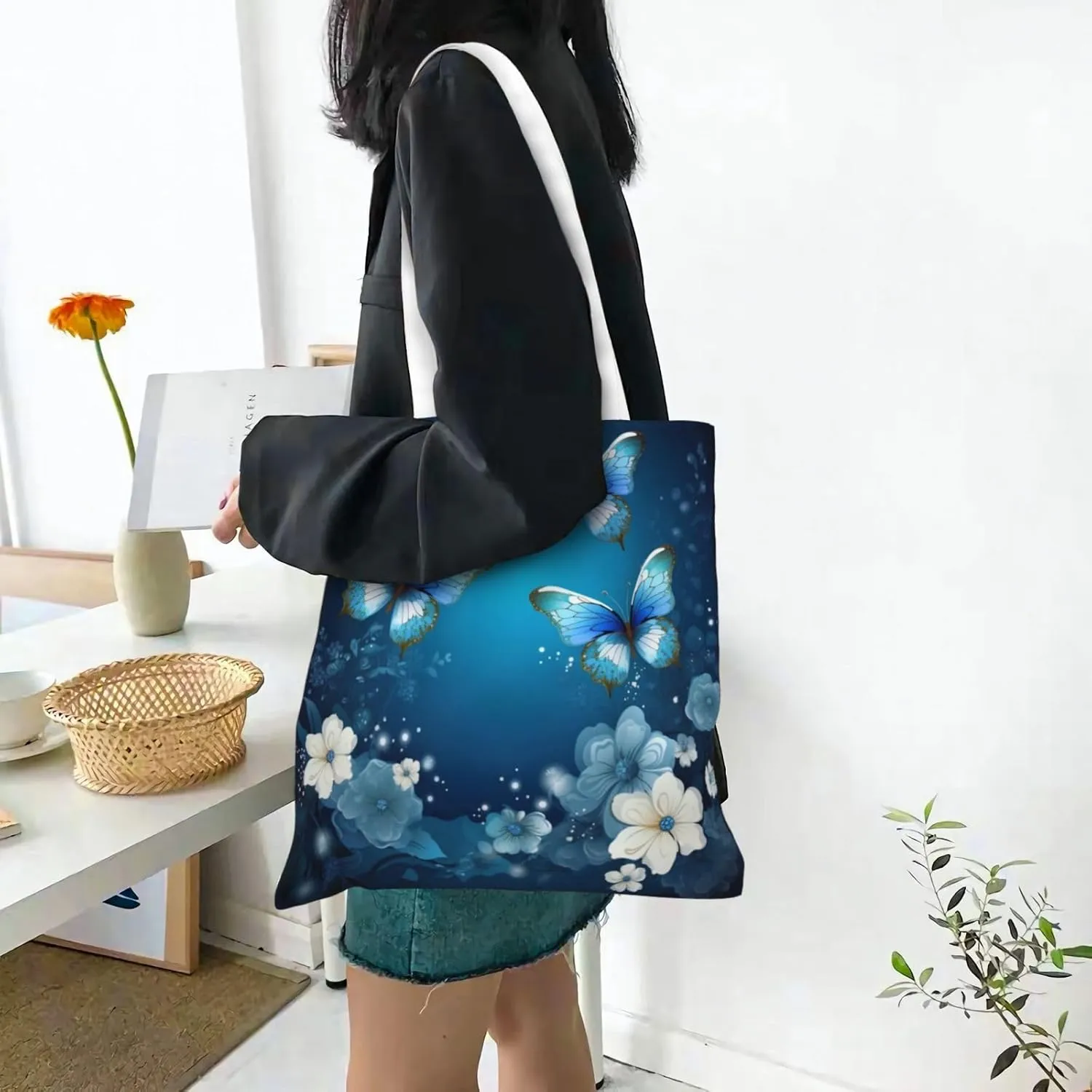 Blue Butterfly Tote Bag Reusable Shoulder Tote Bag For Women Lady Vacation, Shopping, Work