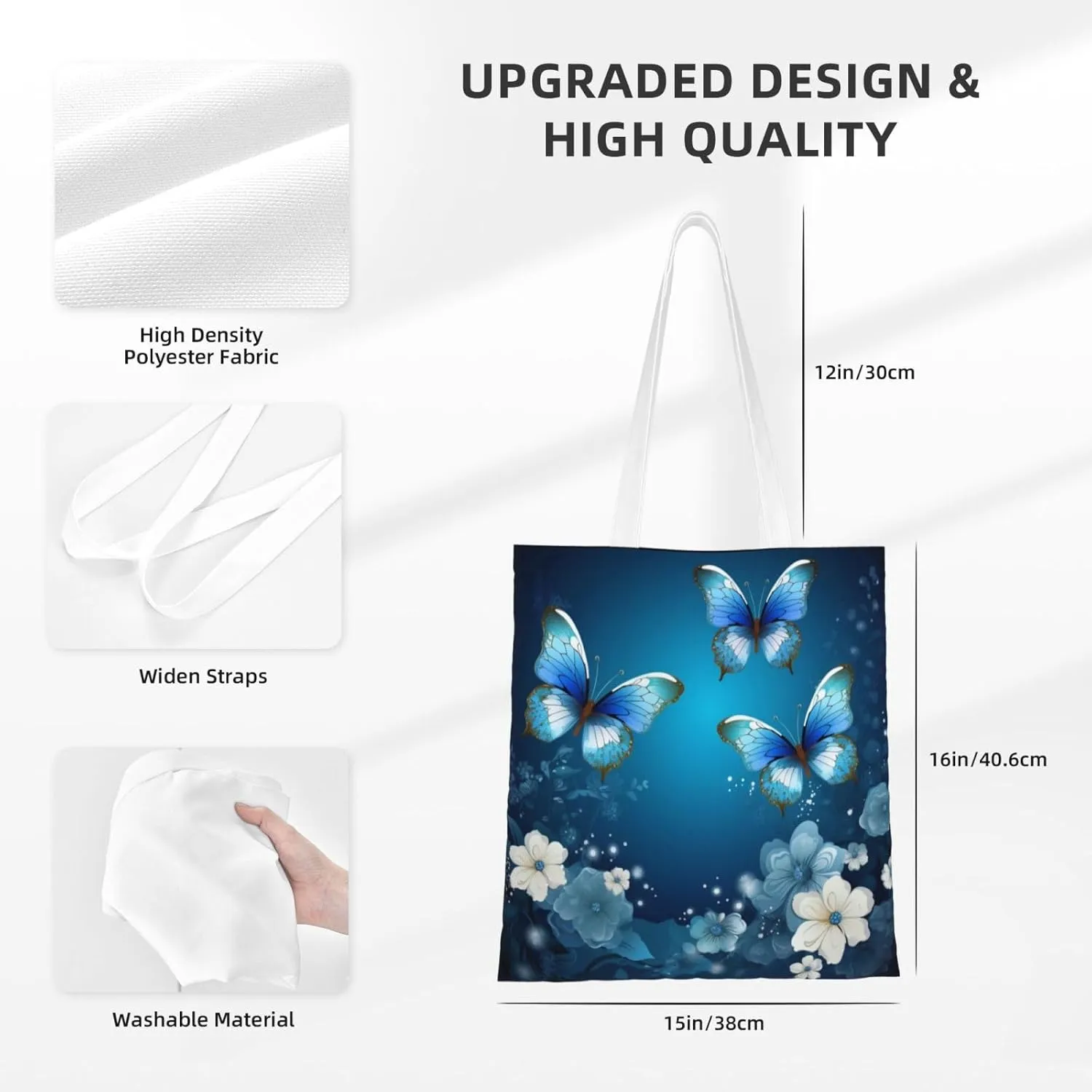 Blue Butterfly Tote Bag Reusable Shoulder Tote Bag For Women Lady Vacation, Shopping, Work