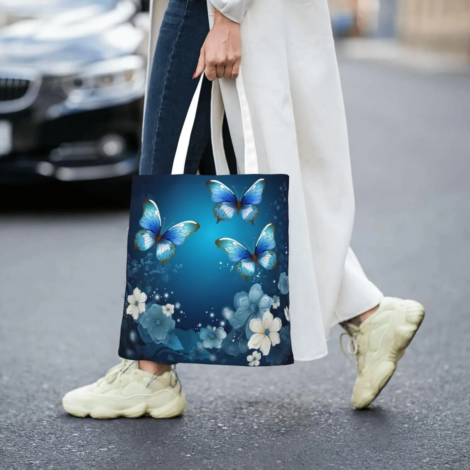 Blue Butterfly Tote Bag Reusable Shoulder Tote Bag For Women Lady Vacation, Shopping, Work