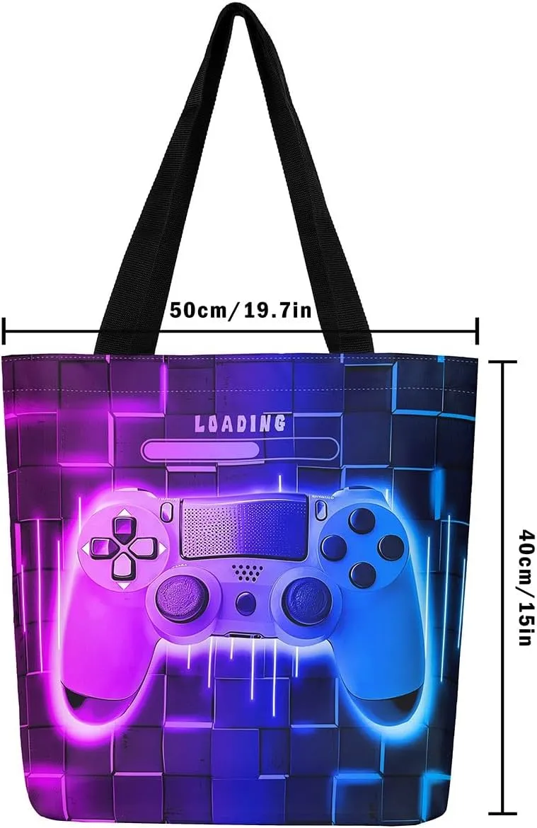 Blue Gaming Canvas Tote Bag for Women,Gamer Foldable Handbag,Neon Lights Abstract Geometry Travel Shopping Bag