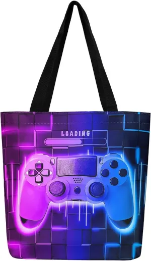 Blue Gaming Canvas Tote Bag for Women,Gamer Foldable Handbag,Neon Lights Abstract Geometry Travel Shopping Bag