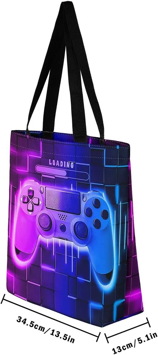 Blue Gaming Canvas Tote Bag for Women,Gamer Foldable Handbag,Neon Lights Abstract Geometry Travel Shopping Bag