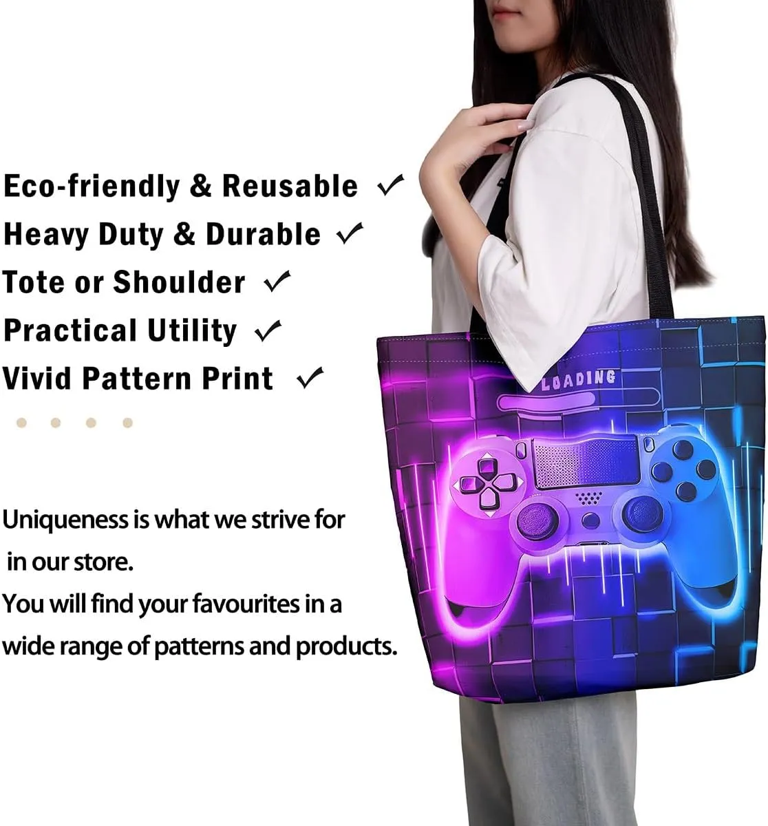 Blue Gaming Canvas Tote Bag for Women,Gamer Foldable Handbag,Neon Lights Abstract Geometry Travel Shopping Bag