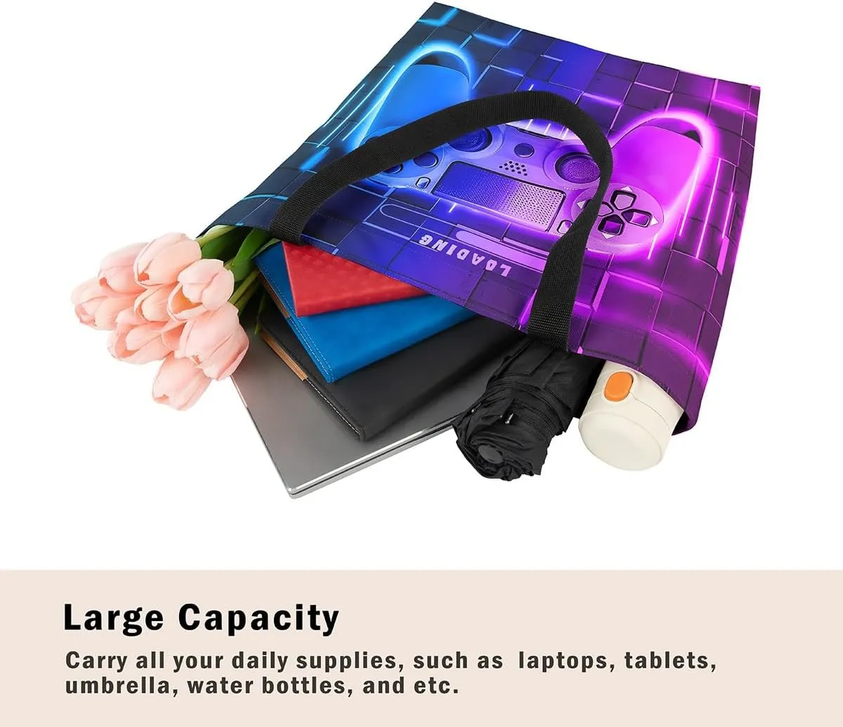 Blue Gaming Canvas Tote Bag for Women,Gamer Foldable Handbag,Neon Lights Abstract Geometry Travel Shopping Bag