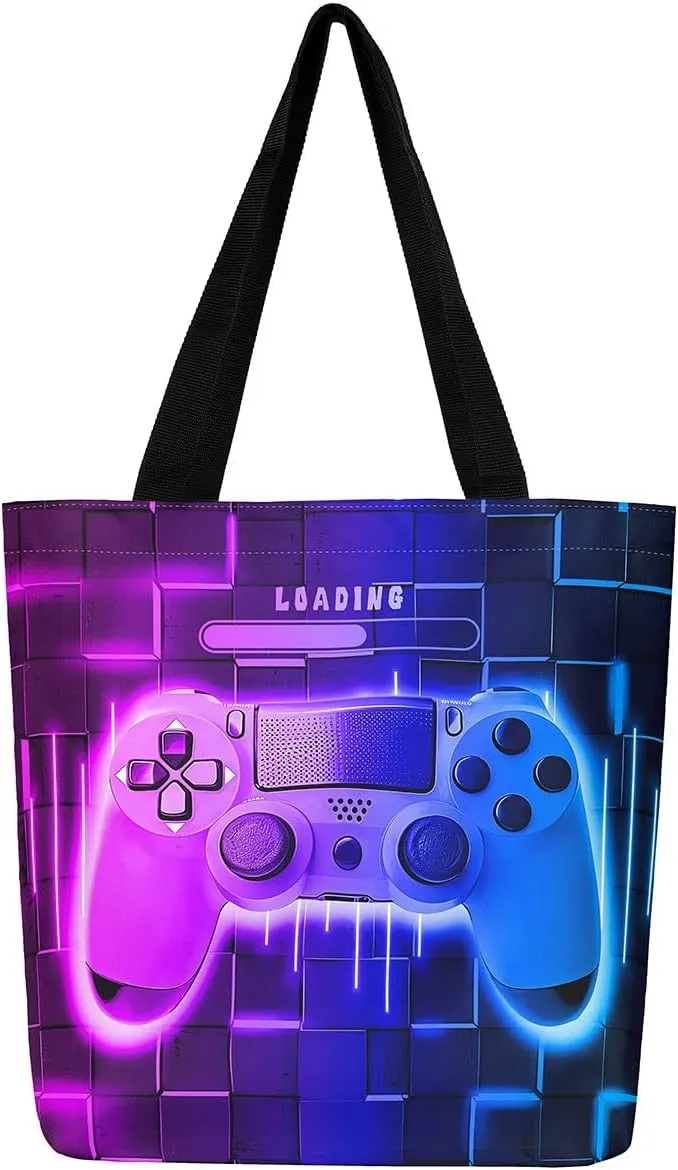 Blue Gaming Canvas Tote Bag for Women,Gamer Foldable Handbag,Neon Lights Abstract Geometry Travel Shopping Bag