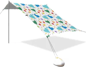 Blue Rainbow Hearts Colorful Designed UPF50  Foldable Beach Cabana Water-Resistant Large Sun Shade with Sandbags and Shovel for Backyard and Camping carpas para el sol