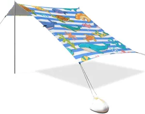 Blue White Striped Sea Animal Designed UPF50  Foldable Beach Canopy Lightweight Portable Sun Shelter with Sand Shovel, Sandbags for Family Trips, Picnics & Camping paraguas para Playa
