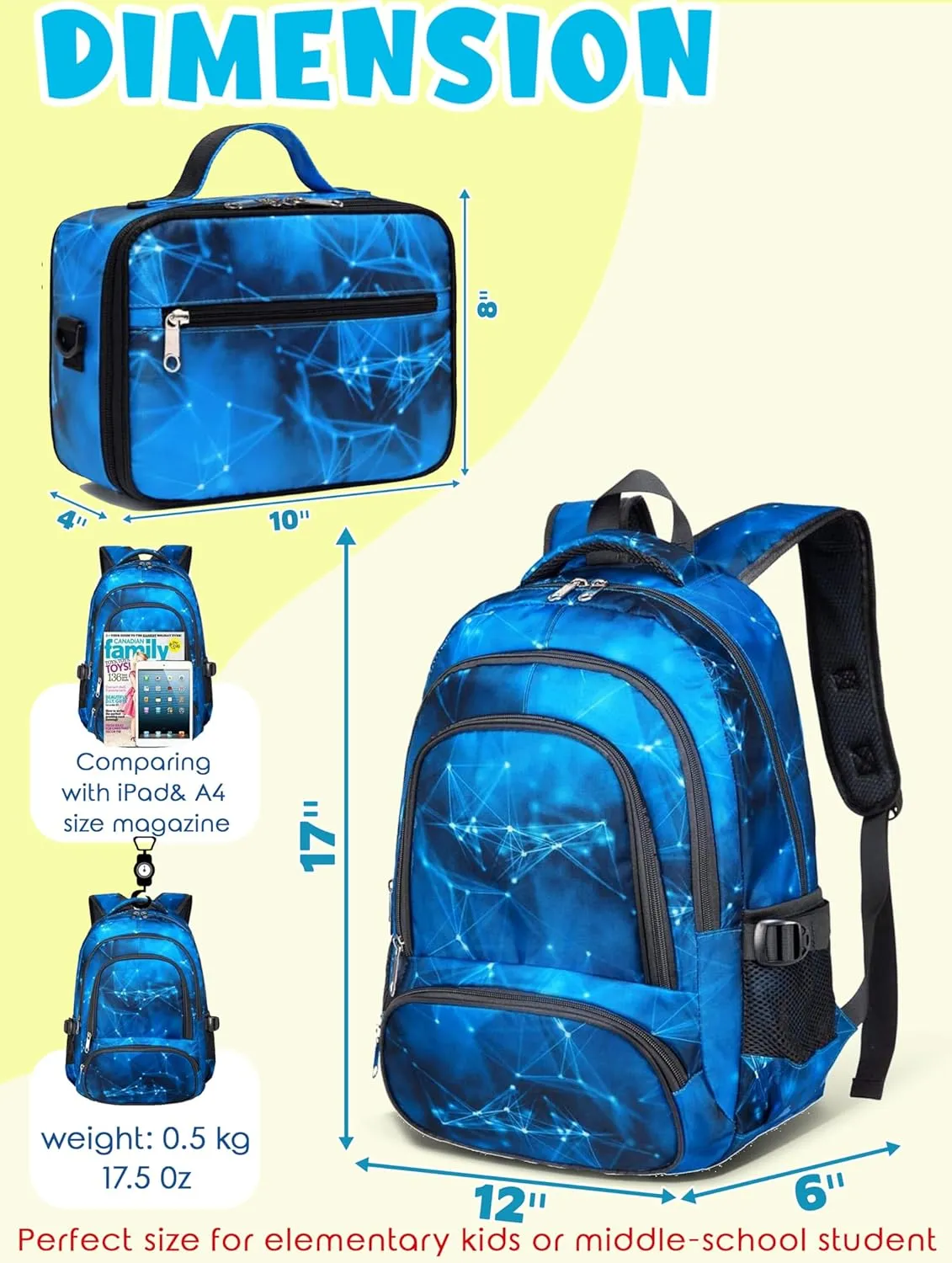 BLUEFAIRY Boys Backpacks Set with Lunch Bag for Kids Primary Elementary School Bags for Teens Middle Book Bags with Insulated Lunch Box for Adolescentes Back to School Travel Aged 8-10 Blue18