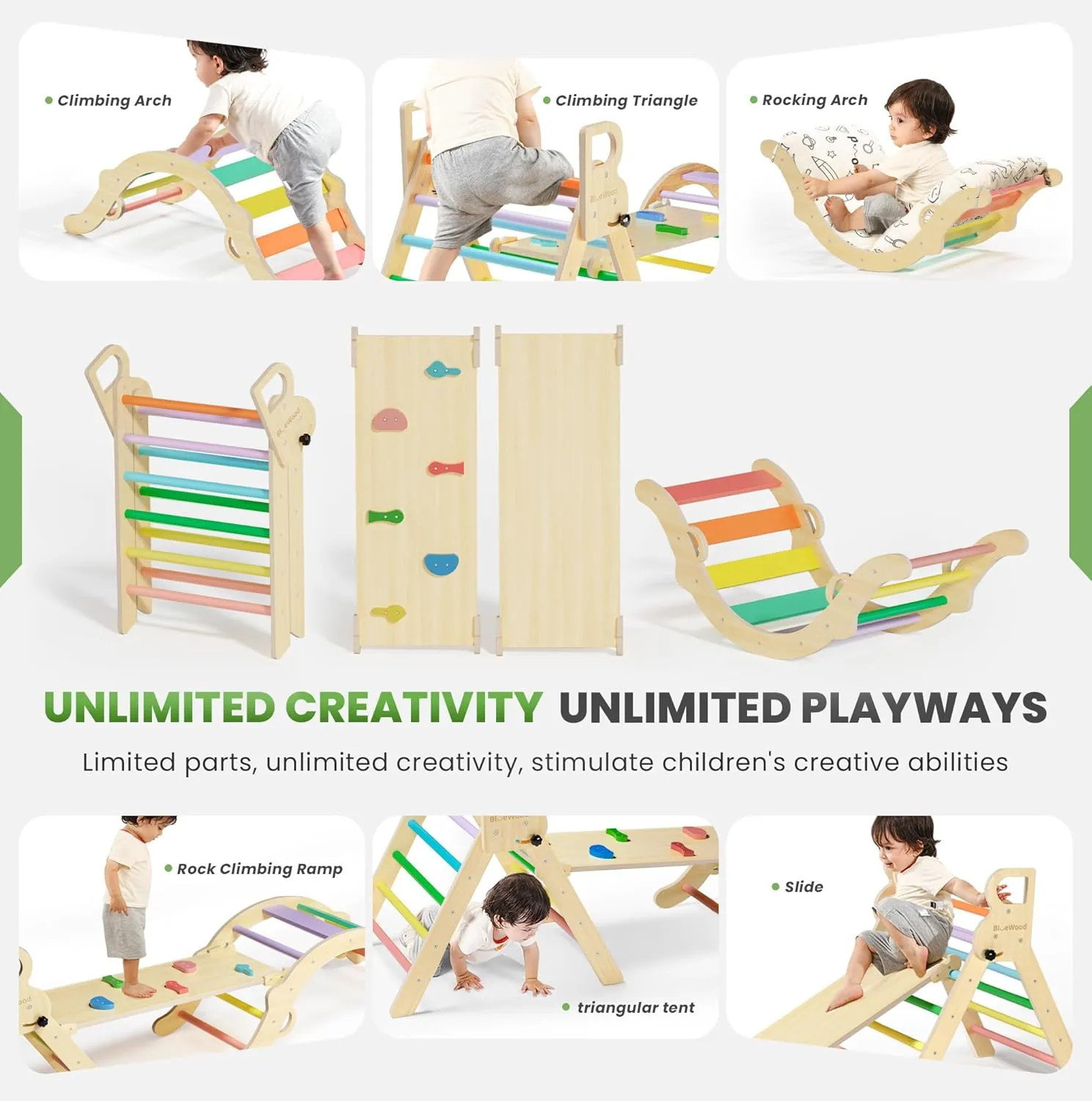 BlueWood Pikler Triangle Set with Cushion, 8-in-1 Climbing Toys for Toddlers, Montessori Philosophy Play Jungle Gym with Arch, Ramp, Ladder(Sunshine Rainbow)
