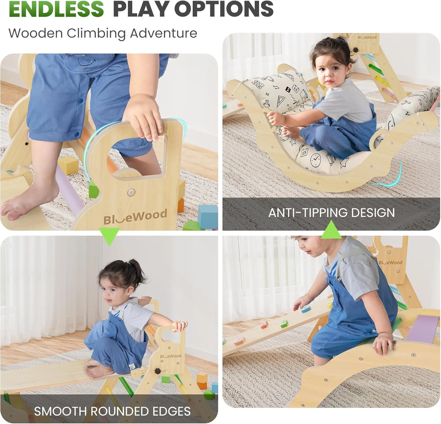 BlueWood Pikler Triangle Set with Cushion, 8-in-1 Climbing Toys for Toddlers, Montessori Philosophy Play Jungle Gym with Arch, Ramp, Ladder(Sunshine Rainbow)
