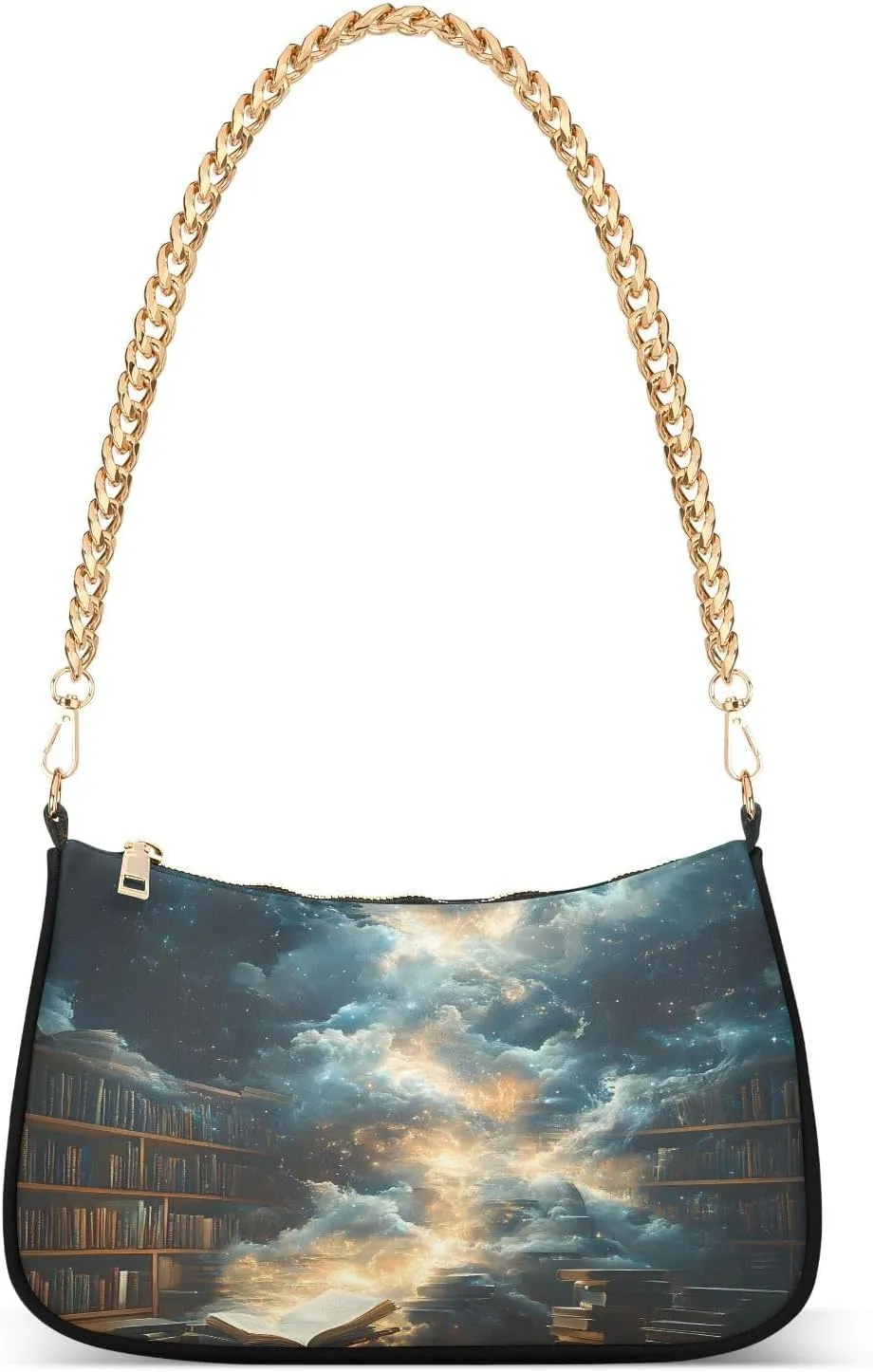 Books in The Library Shoulder Handbags for Women Travel Hobo Tote Handbag Women Gold Chain Shoulder Bags Purse with Zipper Closure