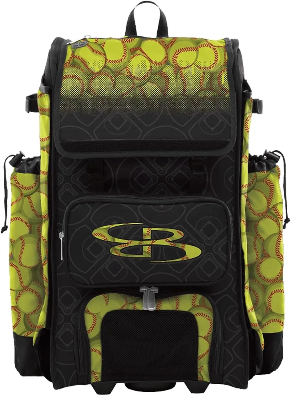 Boombah Catchers Superpack Hybrid Rolling Bat Bag - Softball Black/Optic Yellow/Red - Wheeled & Backpack Version