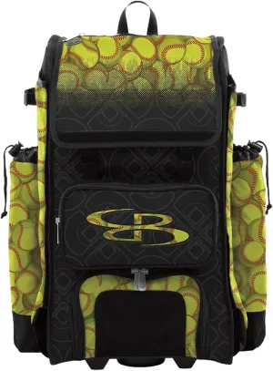 Boombah Catchers Superpack Hybrid Rolling Bat Bag - Softball Black/Optic Yellow/Red - Wheeled & Backpack Version