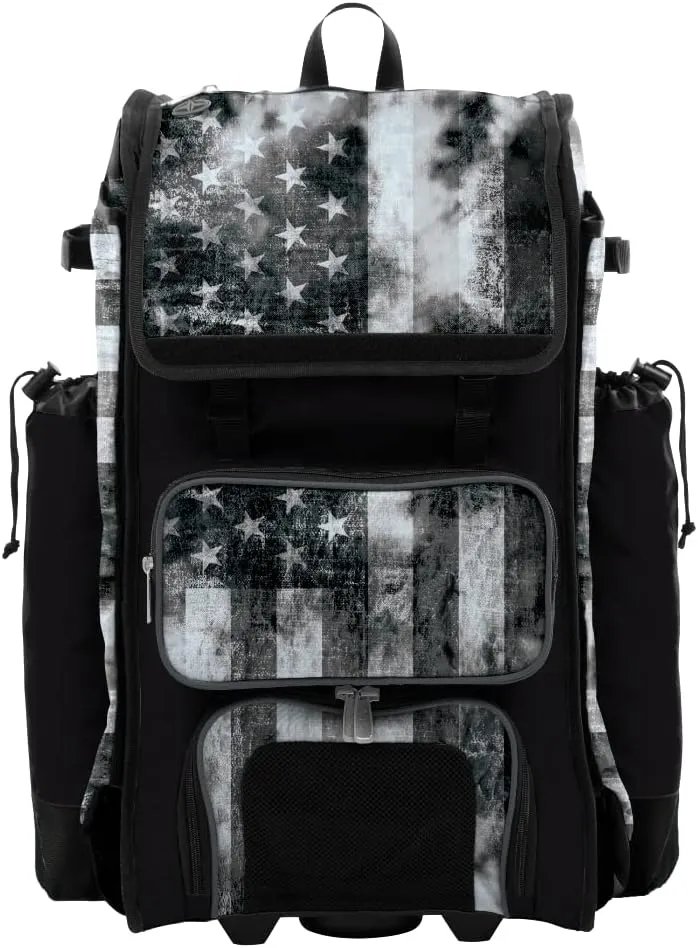 Boombah Catchers Superpack Hybrid Rolling Bat Bag - USA Old Glory Black Ops Black/Charcoal/White - Wheeled & Backpack Version