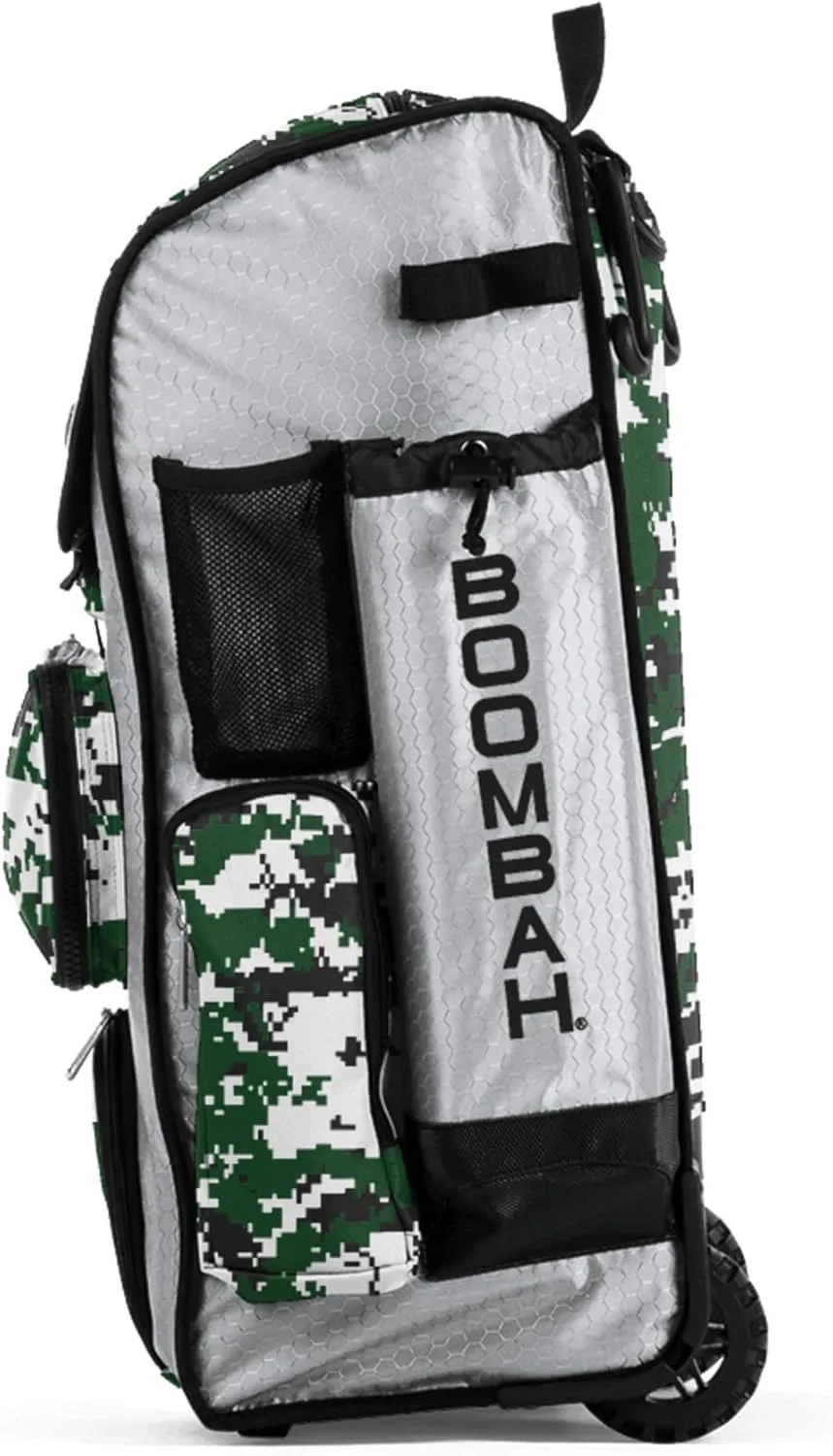 Boombah Rolling Superpack Baseball/Softball Gear Bag - 23-1/2" x 13-1/2" x 9-1/2" - Digital Camo White/Dark Green - Telescopic Handle - Holds 4 Bats - Wheeled Version