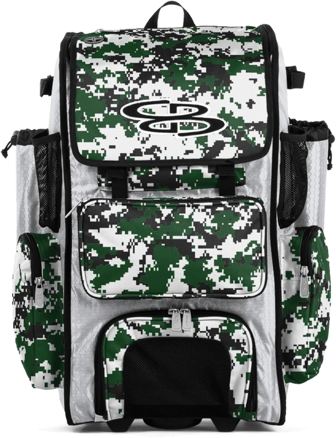 Boombah Rolling Superpack Baseball/Softball Gear Bag - 23-1/2" x 13-1/2" x 9-1/2" - Digital Camo White/Dark Green - Telescopic Handle - Holds 4 Bats - Wheeled Version