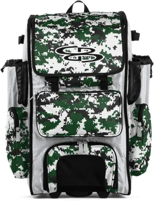 Boombah Rolling Superpack Baseball/Softball Gear Bag - 23-1/2" x 13-1/2" x 9-1/2" - Digital Camo White/Dark Green - Telescopic Handle - Holds 4 Bats - Wheeled Version