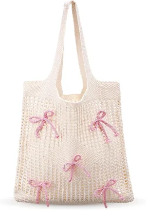 Bow Beach Bag Coquette Bow Tote Bag for Women Cute Preppy Shoulder Handbag for Girls Summer Beach Shopping