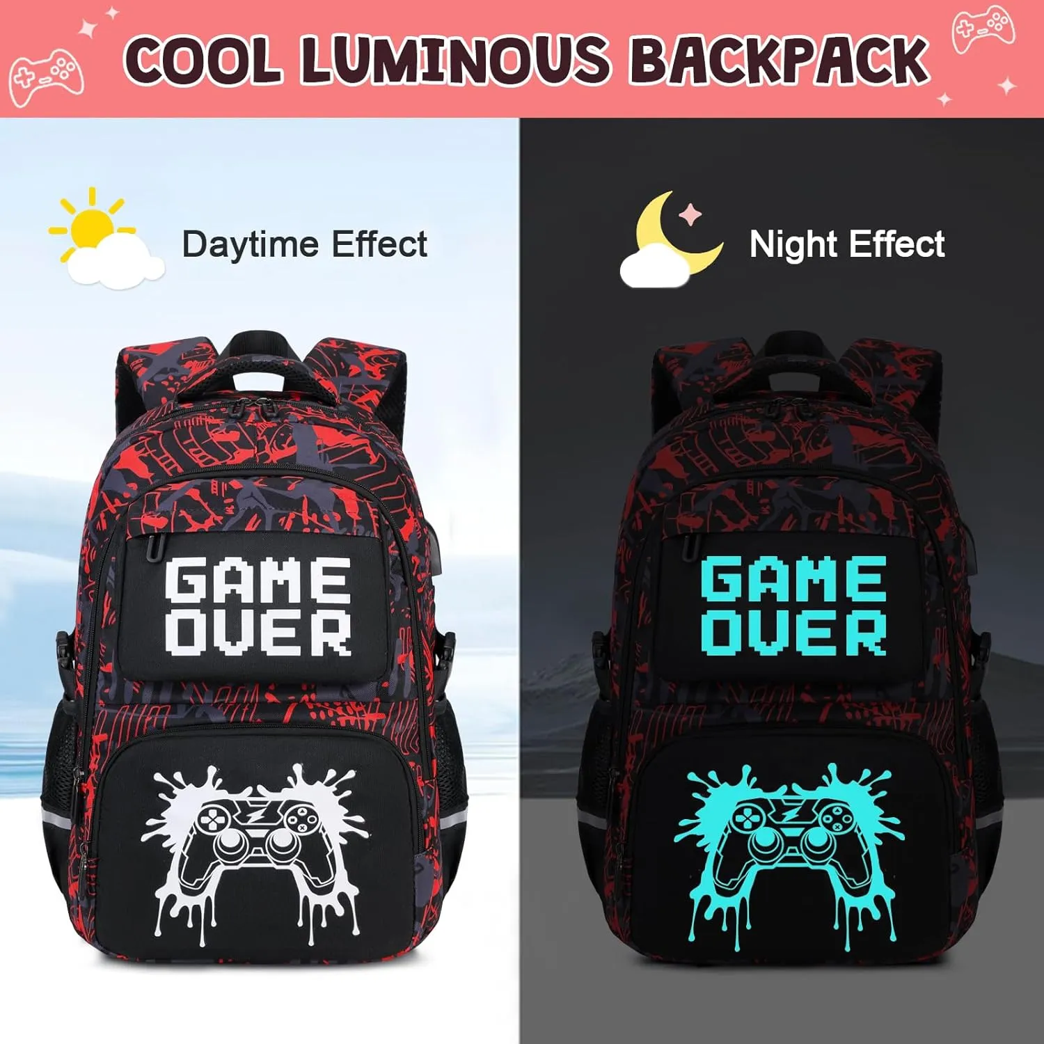 Boys Backpack for School, 3PCS Cool Luminous Backpack for Boys with Lunch Bag Pencil Case, Kids School Bookbag Teen Boys Backpacks for Kindergarten Elementary Middle School