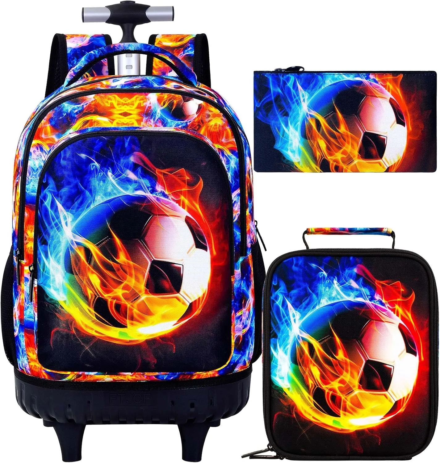 Boys Rolling Backpack, 3PCS Mens Roller Bookbag with Lunch Bag for Kids, Wheeled School Bag for Children - Flame Soccer