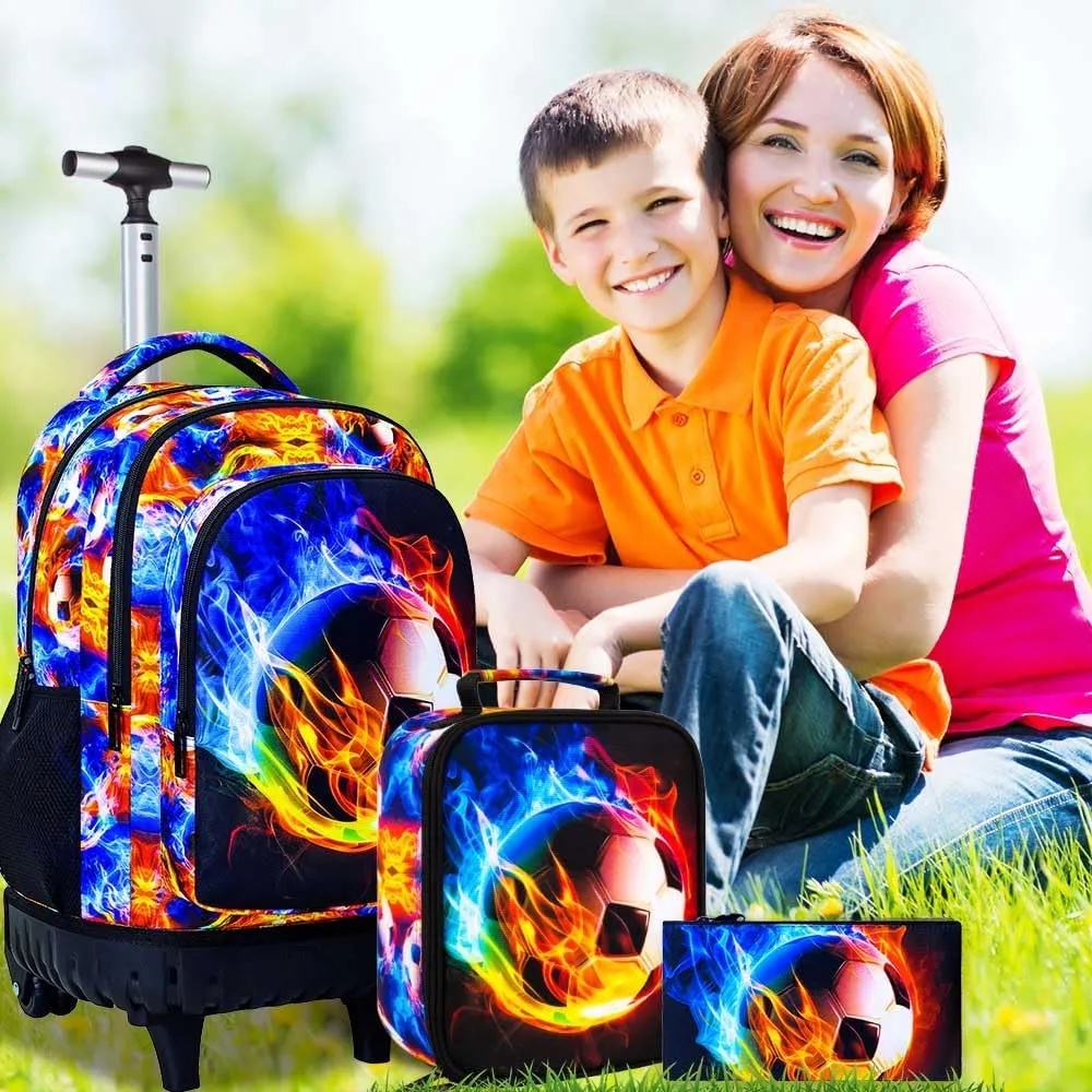 Boys Rolling Backpack, 3PCS Mens Roller Bookbag with Lunch Bag for Kids, Wheeled School Bag for Children - Flame Soccer