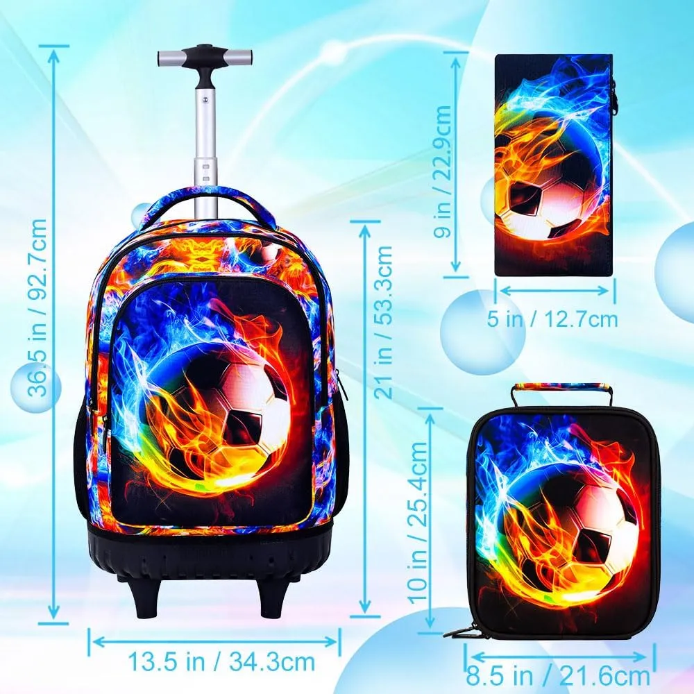Boys Rolling Backpack, 3PCS Mens Roller Bookbag with Lunch Bag for Kids, Wheeled School Bag for Children - Flame Soccer
