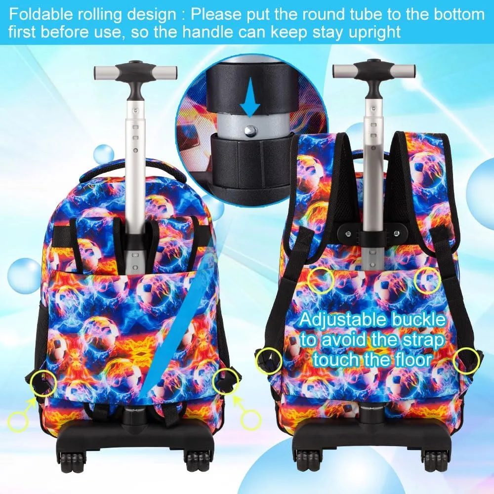 Boys Rolling Backpack, 3PCS Mens Roller Bookbag with Lunch Bag for Kids, Wheeled School Bag for Children - Flame Soccer
