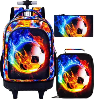 Boys Rolling Backpack, 3PCS Mens Roller Bookbag with Lunch Bag for Kids, Wheeled School Bag for Children - Flame Soccer