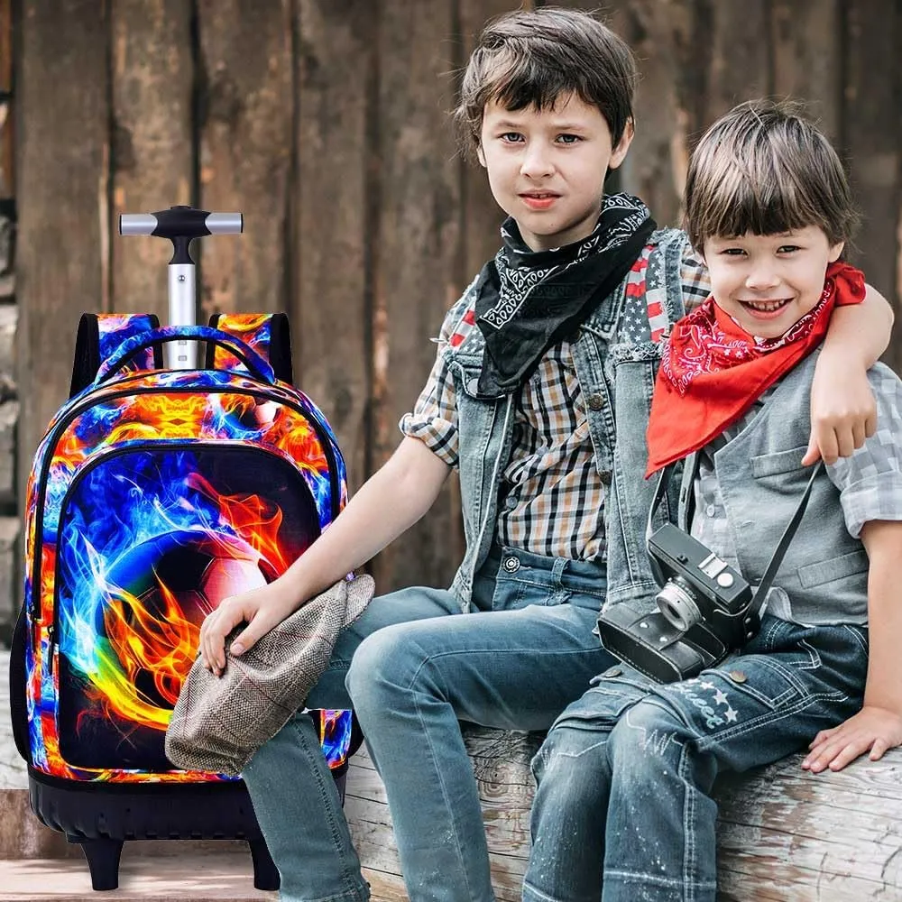 Boys Rolling Backpack, 3PCS Mens Roller Bookbag with Lunch Bag for Kids, Wheeled School Bag for Children - Flame Soccer