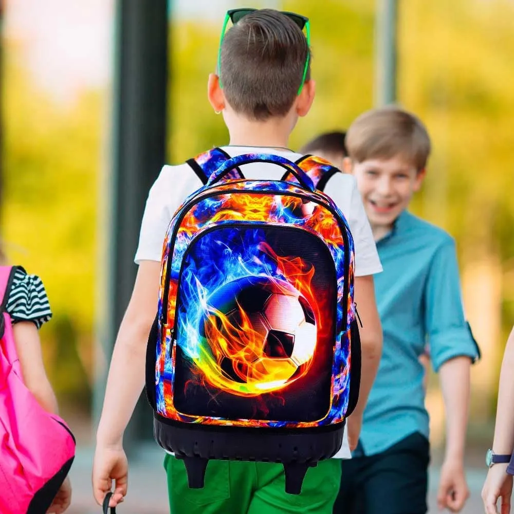 Boys Rolling Backpack, 3PCS Mens Roller Bookbag with Lunch Bag for Kids, Wheeled School Bag for Children - Flame Soccer