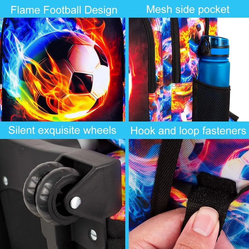 Boys Rolling Backpack, 3PCS Mens Roller Bookbag with Lunch Bag for Kids, Wheeled School Bag for Children - Flame Soccer