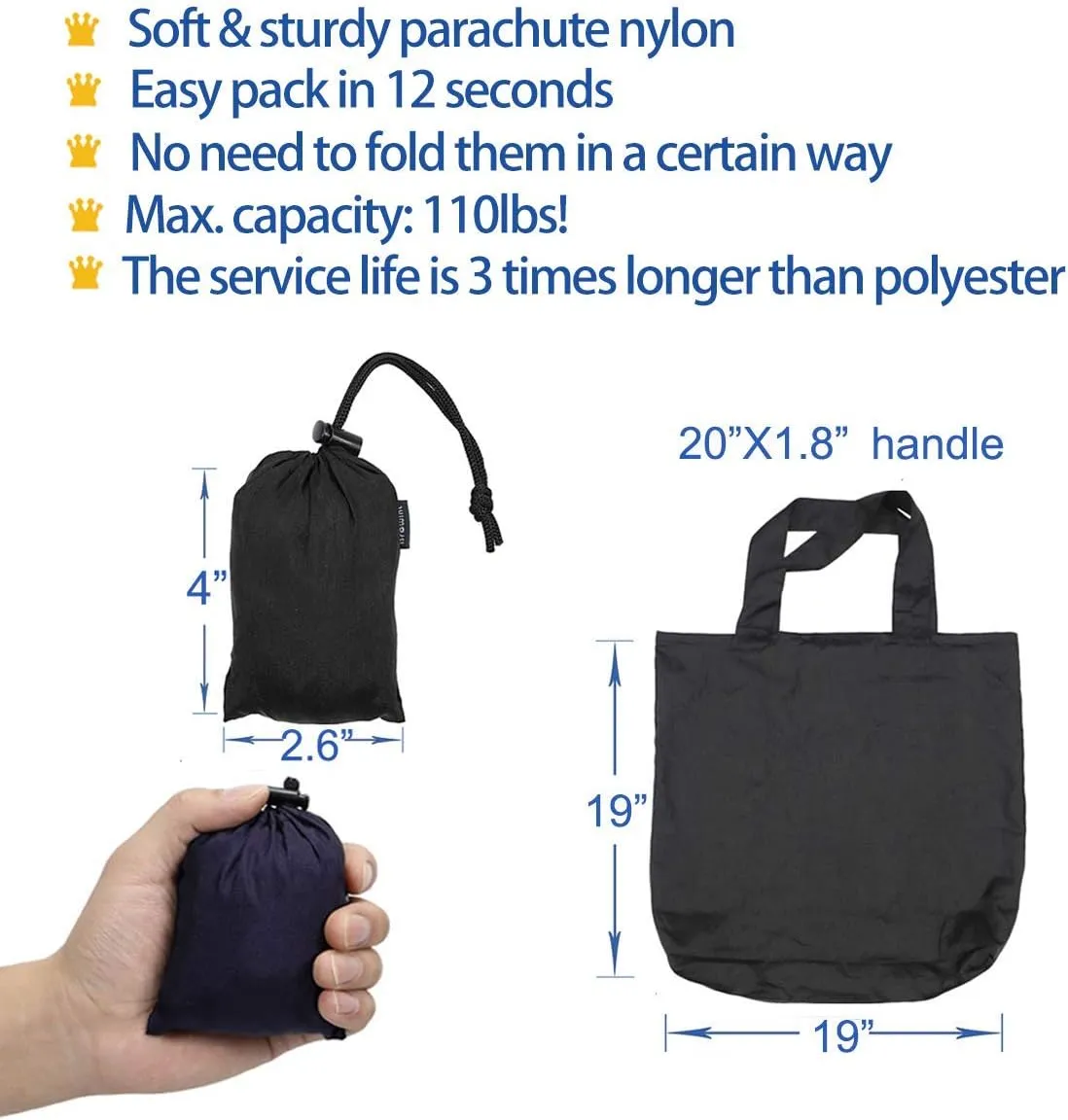 BROWINT Nylon Reusable Grocery Bag (3 pack), Nylon Heavy Duty Tote Bags 110 lbs, 19"x 19" Large Shopping bag, Foldable