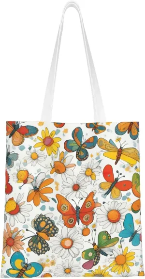 Butterfly Daisy Print Canvas Tote Bag Reusable Shoulder Shopping Bags For Daily Use Shopping Travel