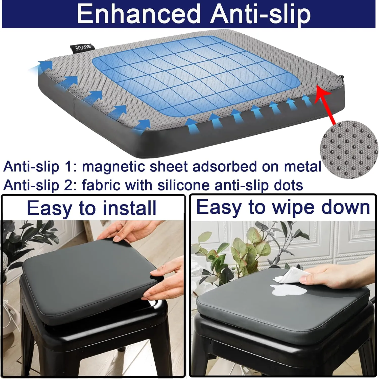 BUYUE Enhanced Anti-Slip Magnetic Bar Stool Cushion 1 Piece, Luxury PU Leather Waterproof Small Seat Cushion for Café Bistro Stackable Metal Stool (Square, Dark Gray, 1)