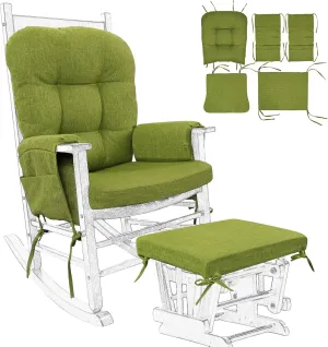 BUYUE Glider Rocker Replacement Cushion 5 PCS with Ties, Linen High-Density Foam Non-Slip & Washable Rocking Chair Pads for Sitting, Grass Green