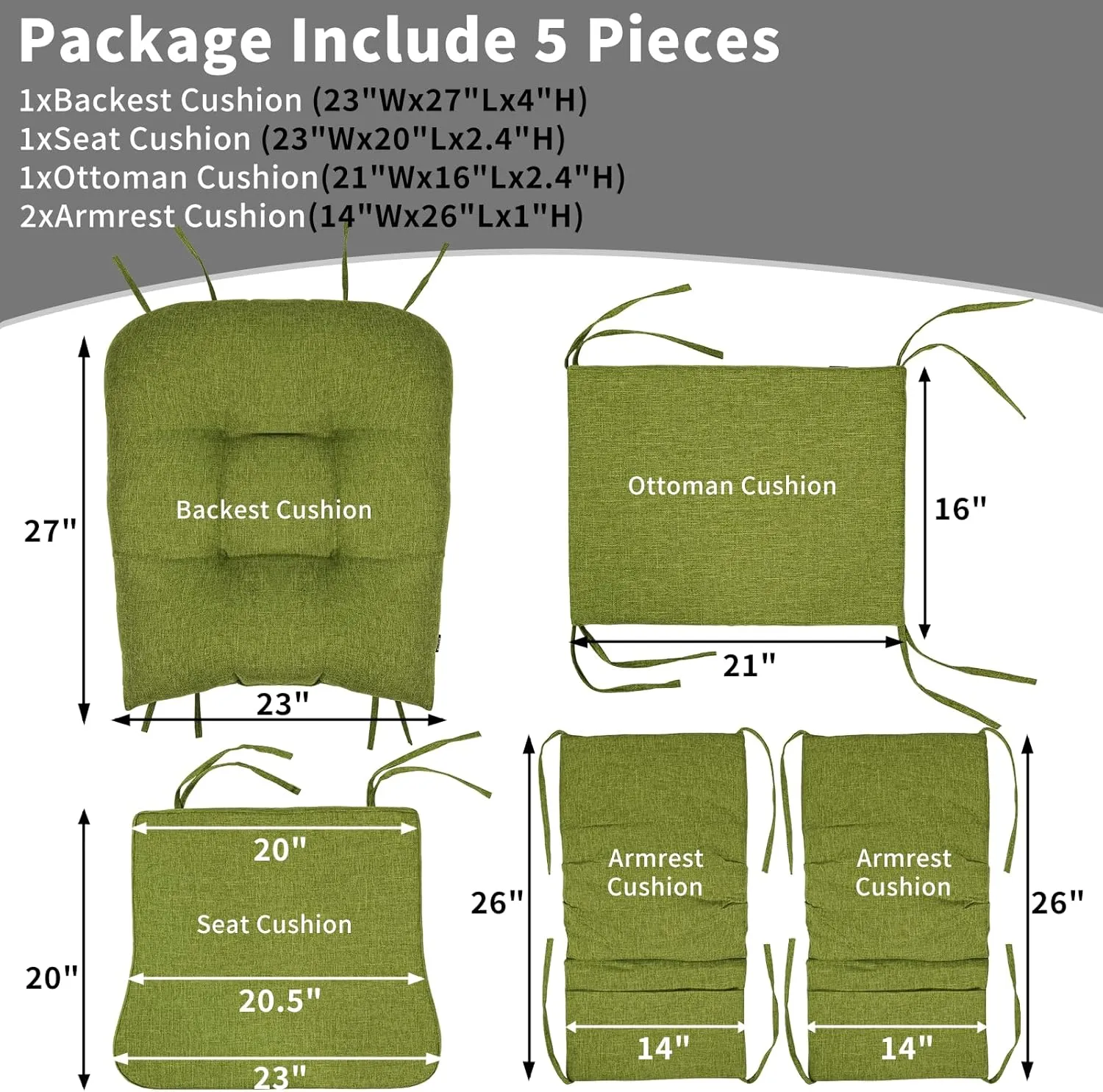 BUYUE Glider Rocker Replacement Cushion 5 PCS with Ties, Linen High-Density Foam Non-Slip & Washable Rocking Chair Pads for Sitting, Grass Green