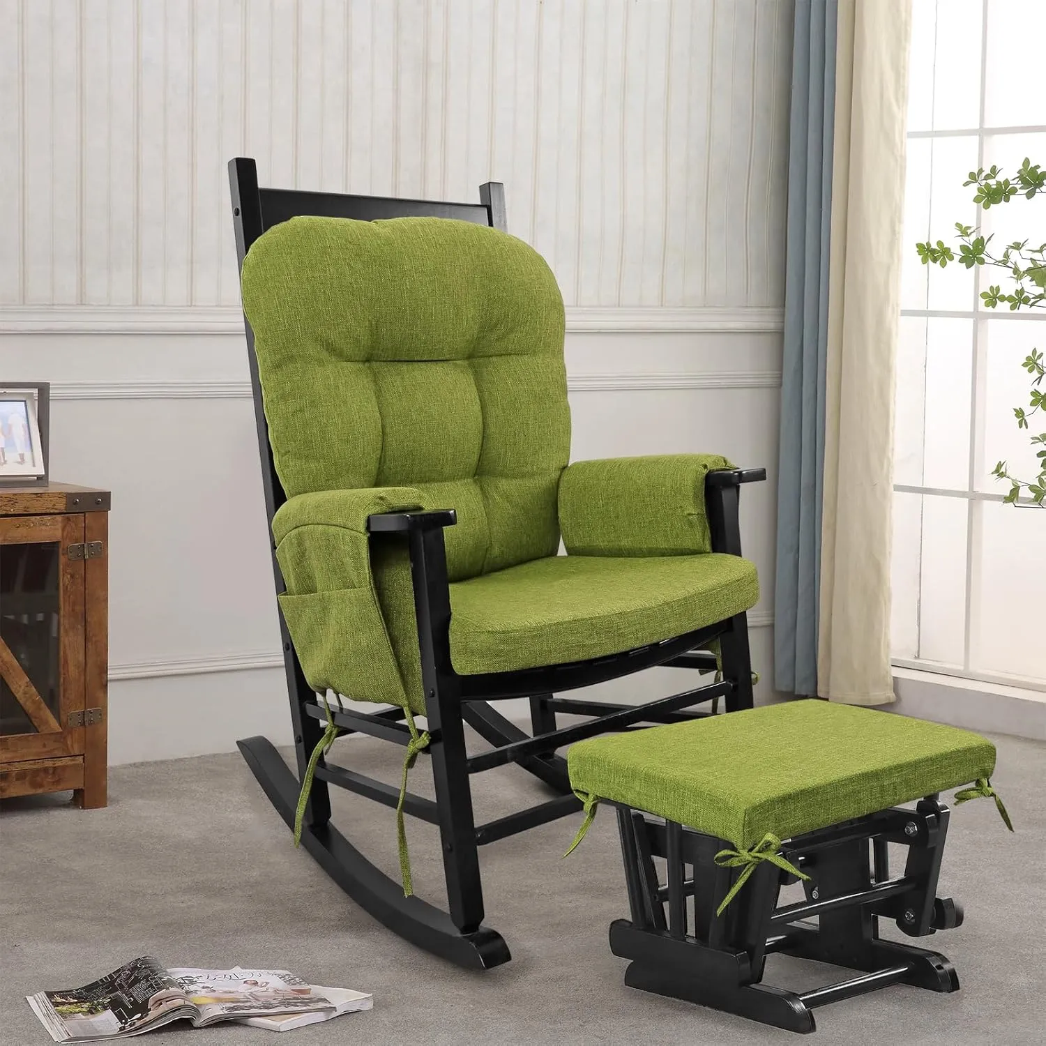 BUYUE Glider Rocker Replacement Cushion 5 PCS with Ties, Linen High-Density Foam Non-Slip & Washable Rocking Chair Pads for Sitting, Grass Green
