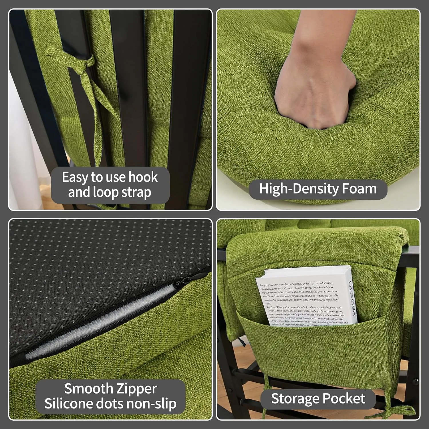 BUYUE Glider Rocker Replacement Cushion 5 PCS with Ties, Linen High-Density Foam Non-Slip & Washable Rocking Chair Pads for Sitting, Grass Green