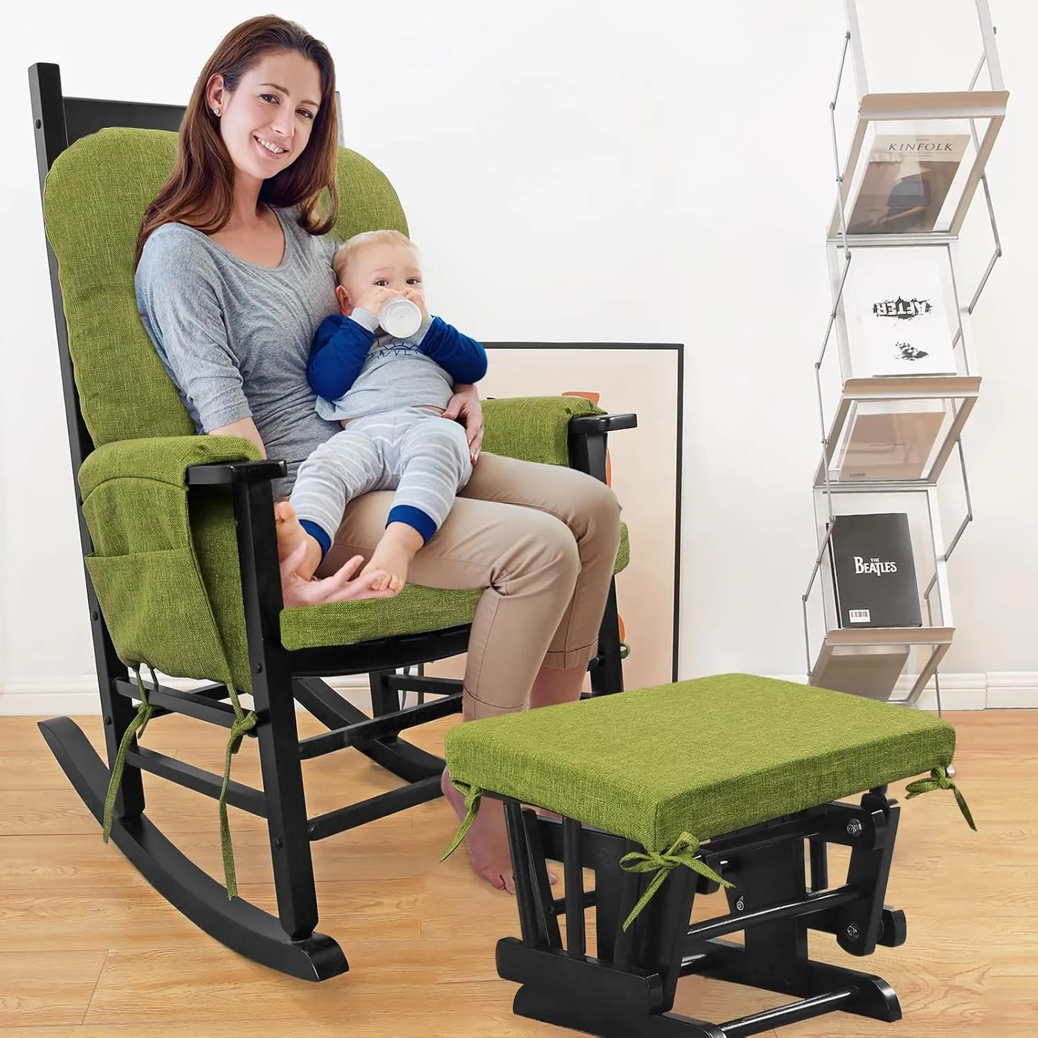 BUYUE Glider Rocker Replacement Cushion 5 PCS with Ties, Linen High-Density Foam Non-Slip & Washable Rocking Chair Pads for Sitting, Grass Green