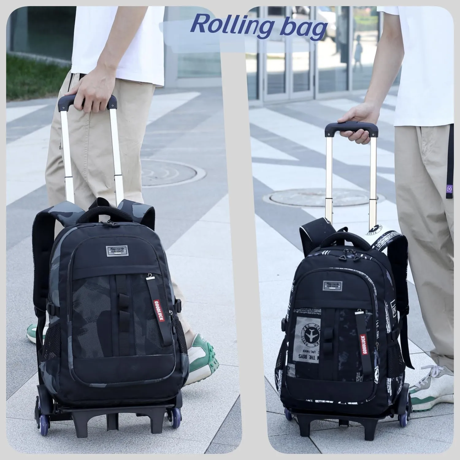 Camo Rolling Backpack for Boys Girls Backpack with Wheels Wheeled Bookbag Kids Roller School Bag Black