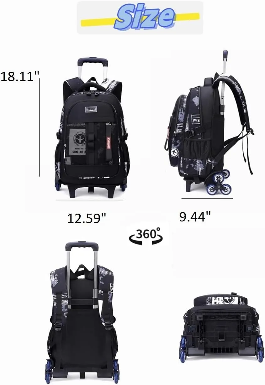 Camo Rolling Backpack for Boys Girls Backpack with Wheels Wheeled Bookbag Kids Roller School Bag Black