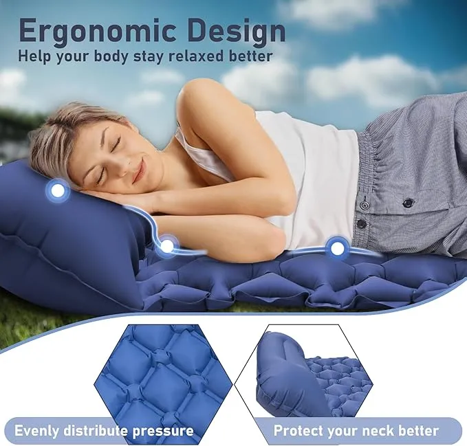 Camping Sleeping Pad, Ultra Light Camping Pad with Pillow Built-in Foot Pump Inflatable Sleeping Pad Compact and Lightweight Air Mat (Blue)