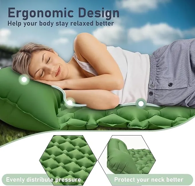 Camping Sleeping Pad with Compass, Ultralight Inflatable Sleeping Mat with Pillow, Built-in Foot Pump, Portable Camping Air Mattress for Backpacking Hiking Traveling Tent(Green)