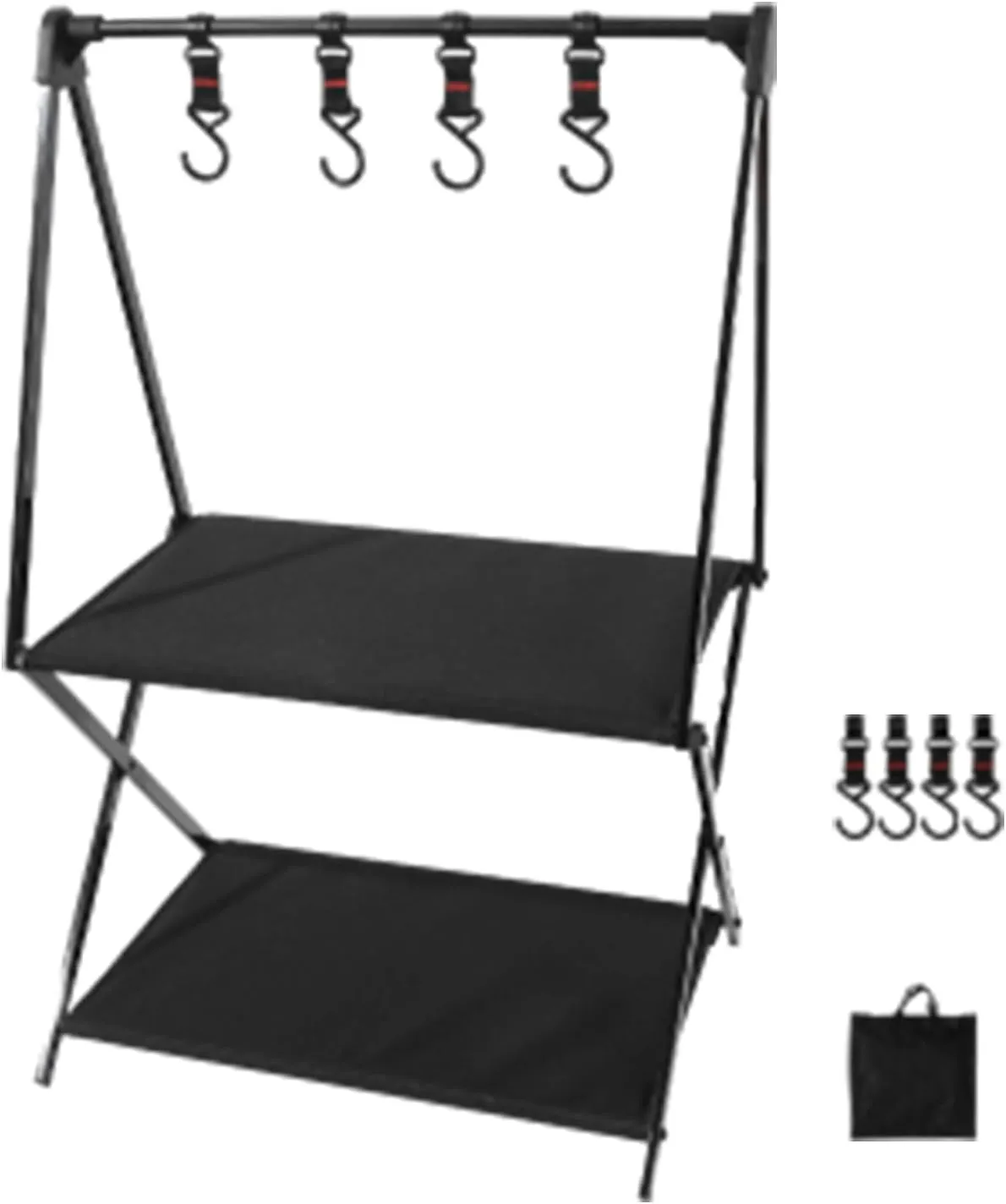 Camping Storage Rack, Folding Storage Rack Multi-Layer, Portable Collapsible Aluminum Alloy Storage Rack, Outdoor Tools Hanging Organizer with Hooks, Camping, Picnic, BBQ (A)