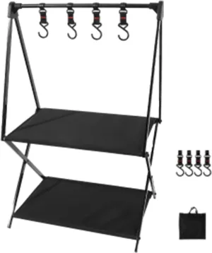 Camping Storage Rack, Folding Storage Rack Multi-Layer, Portable Collapsible Aluminum Alloy Storage Rack, Outdoor Tools Hanging Organizer with Hooks, Camping, Picnic, BBQ (A)