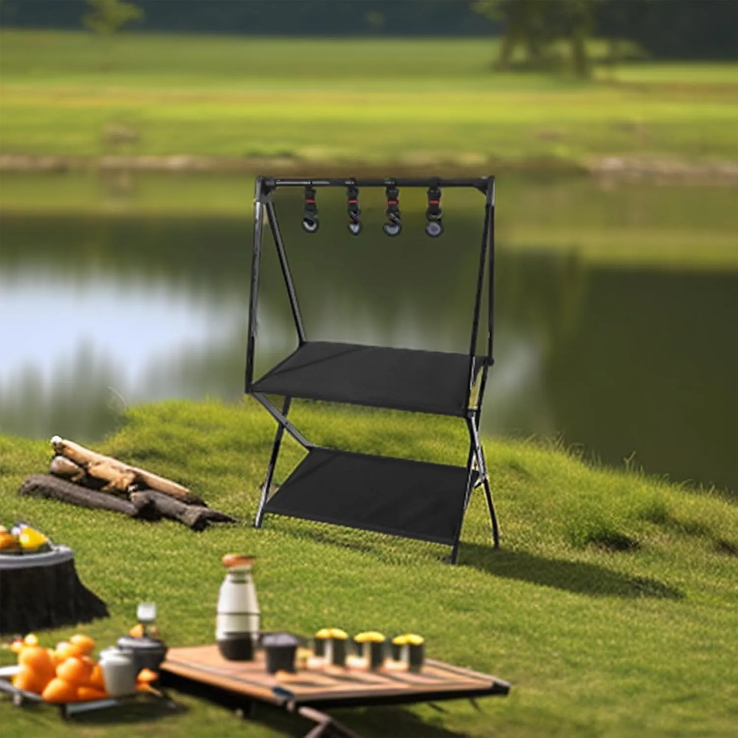 Camping Storage Rack, Folding Storage Rack Multi-Layer, Portable Collapsible Aluminum Alloy Storage Rack, Outdoor Tools Hanging Organizer with Hooks, Camping, Picnic, BBQ (A)