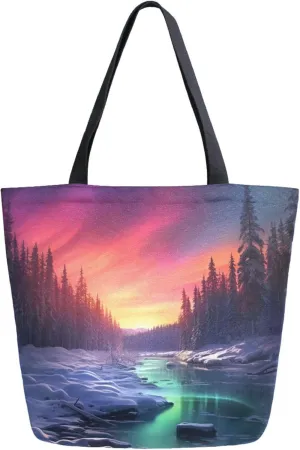 Canvas Tote Bag Norway Aurora Landscape Reusable Grocery Bag Travel Bag Handbag Top Handle Shoulder Bags Eco Friendly Tote Shopping Bag S0403339